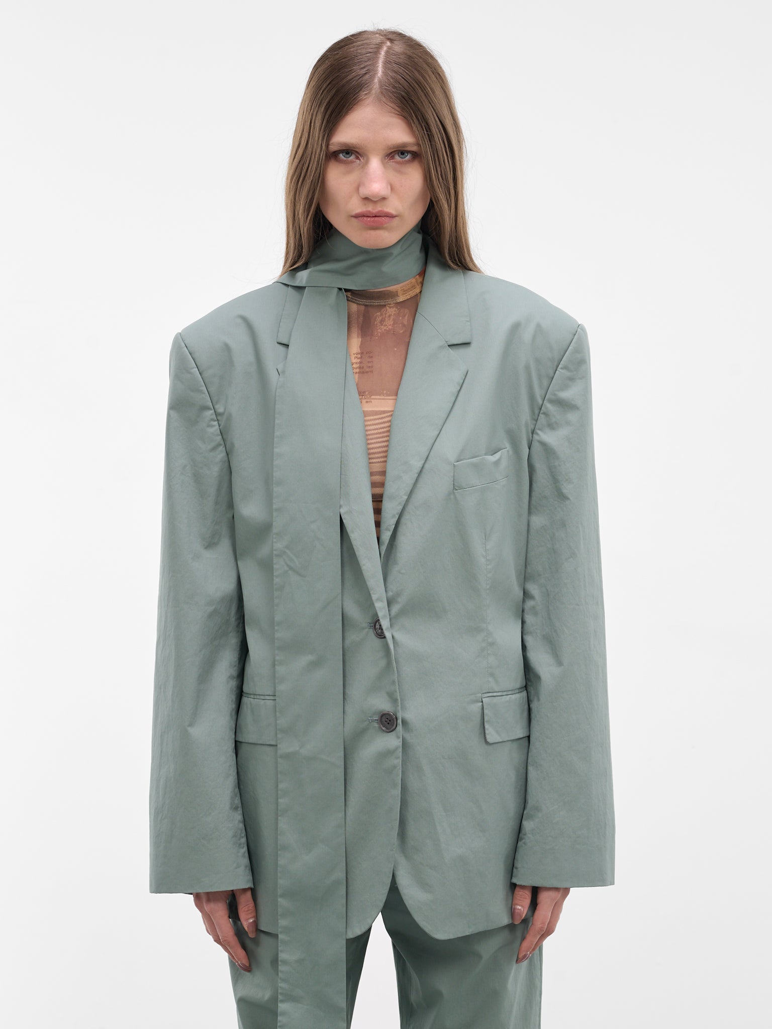 Green Scarf Collar Twill Blazer (RW-WN-SUIT000012-EUCALYPTUS-GR)