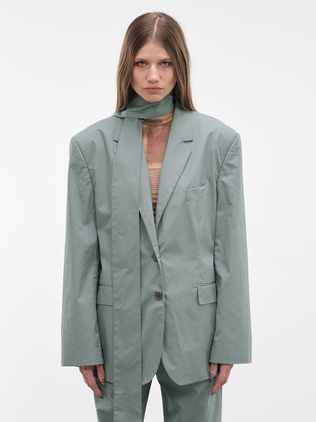 Green Scarf Collar Twill Blazer (RW-WN-SUIT000012-EUCALYPTUS-GR)