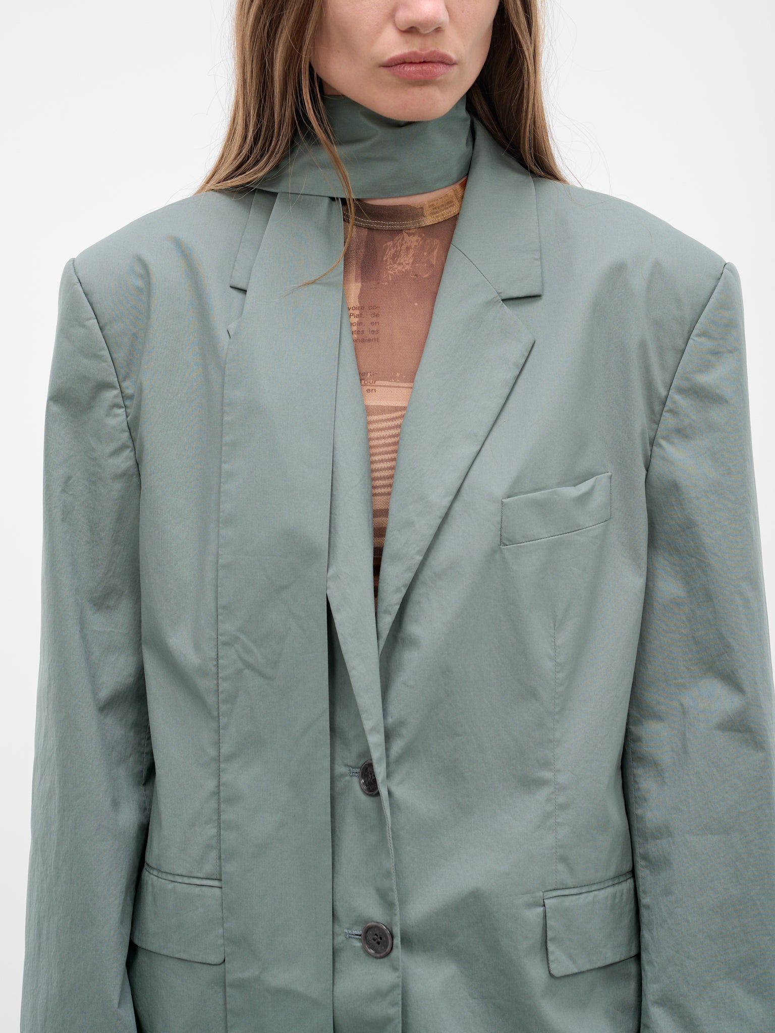 Green Scarf Collar Twill Blazer (RW-WN-SUIT000012-EUCALYPTUS-GR)