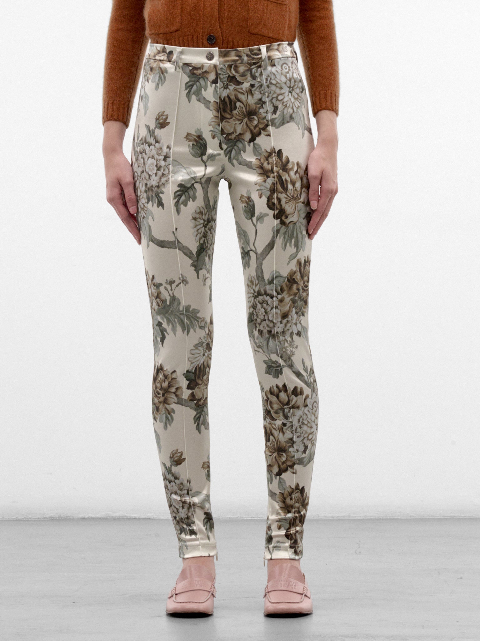 Cream Floral Nylon Leggings (RW-WN-TROU000112-CRAM-BEIGE)