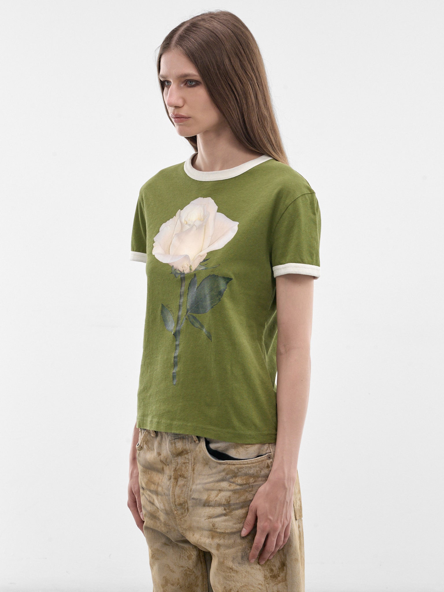 Cotton-Hemp Rose Graphic Tee (RW-WN-TSHI000014-GREEN-WHITE)