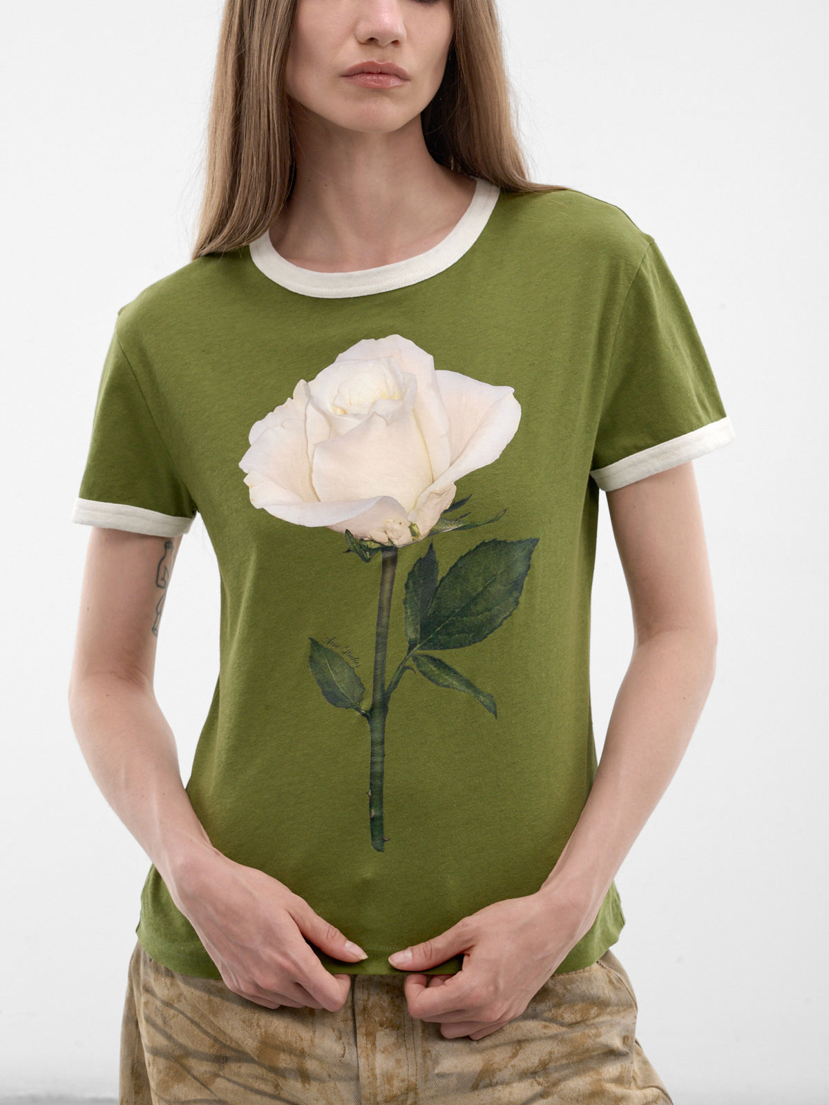 Cotton-Hemp Rose Graphic Tee (RW-WN-TSHI000014-GREEN-WHITE)