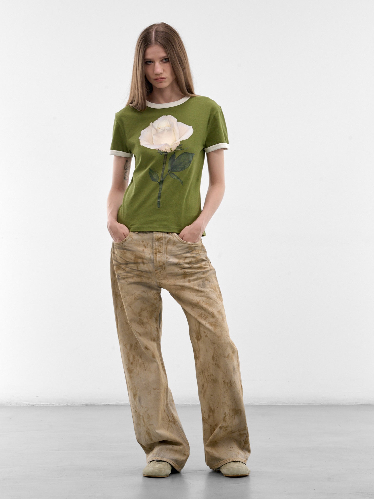 Cotton-Hemp Rose Graphic Tee (RW-WN-TSHI000014-GREEN-WHITE)