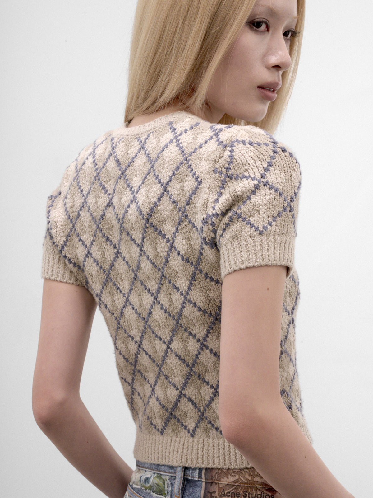 Beige Argyle Knit Cropped Sweater (RW-WNKNIT000036-GREY-WHITE)