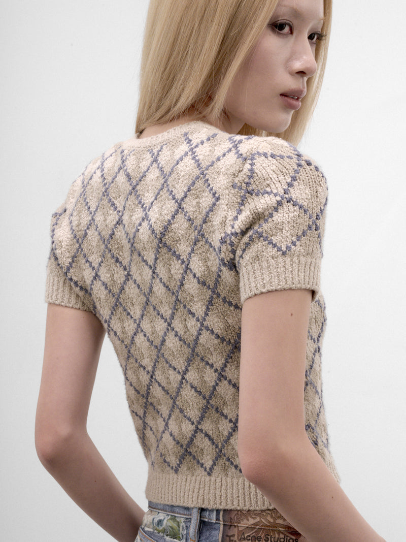 Beige Argyle Knit Cropped Sweater (RW-WNKNIT000036-GREY-WHITE)