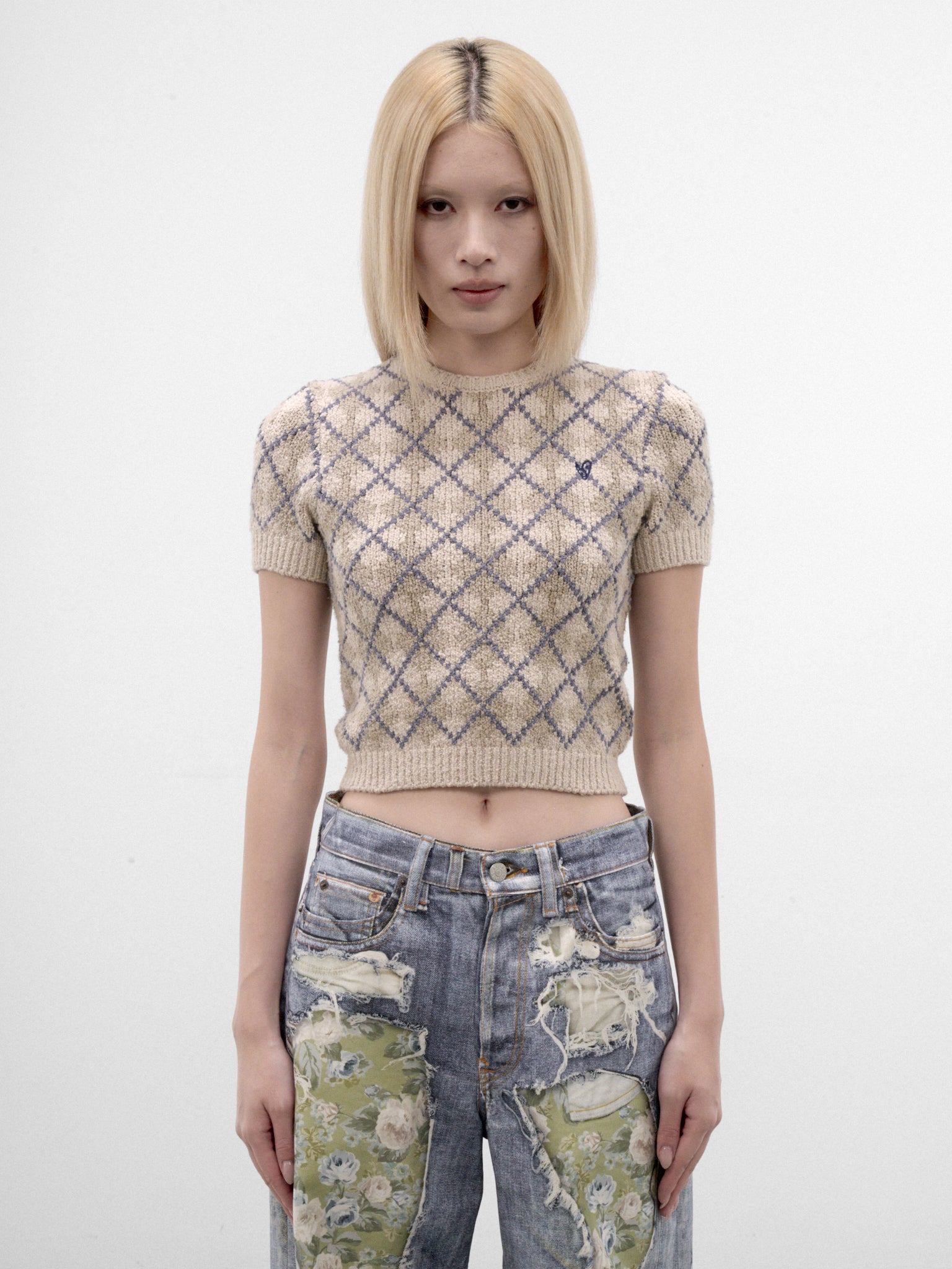 Beige Argyle Knit Cropped Sweater (RW-WNKNIT000036-GREY-WHITE)