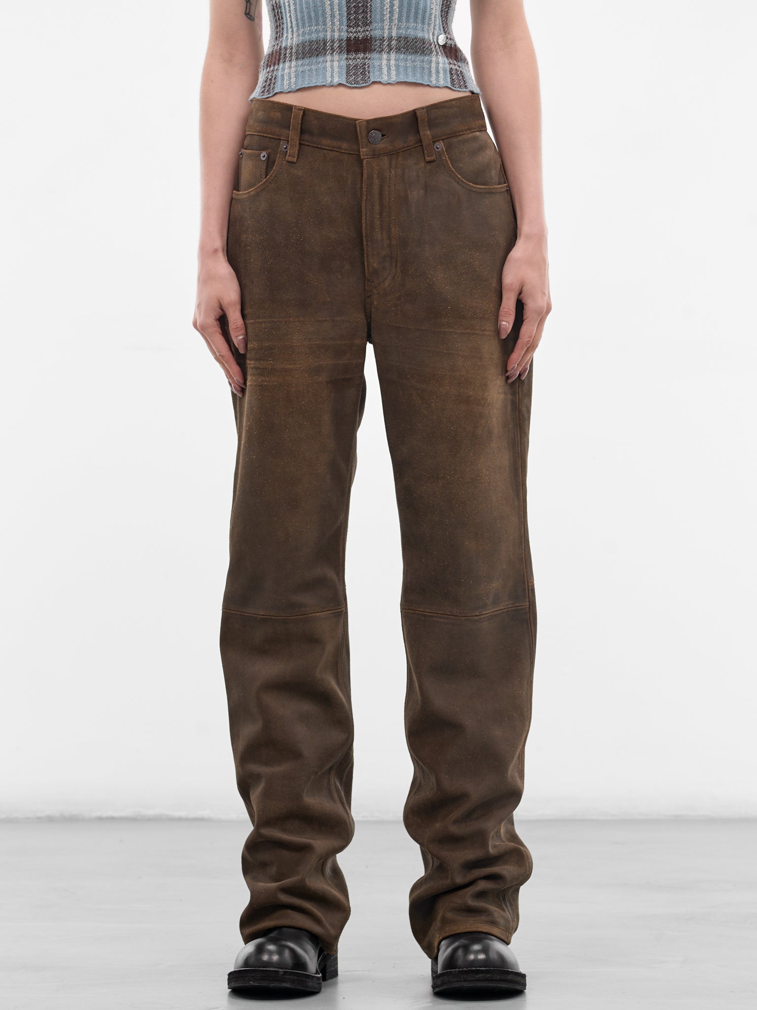 Brown Waxed Suede Elongated Pants (RW-WN-TROU000043-COFFEE-BROWN)