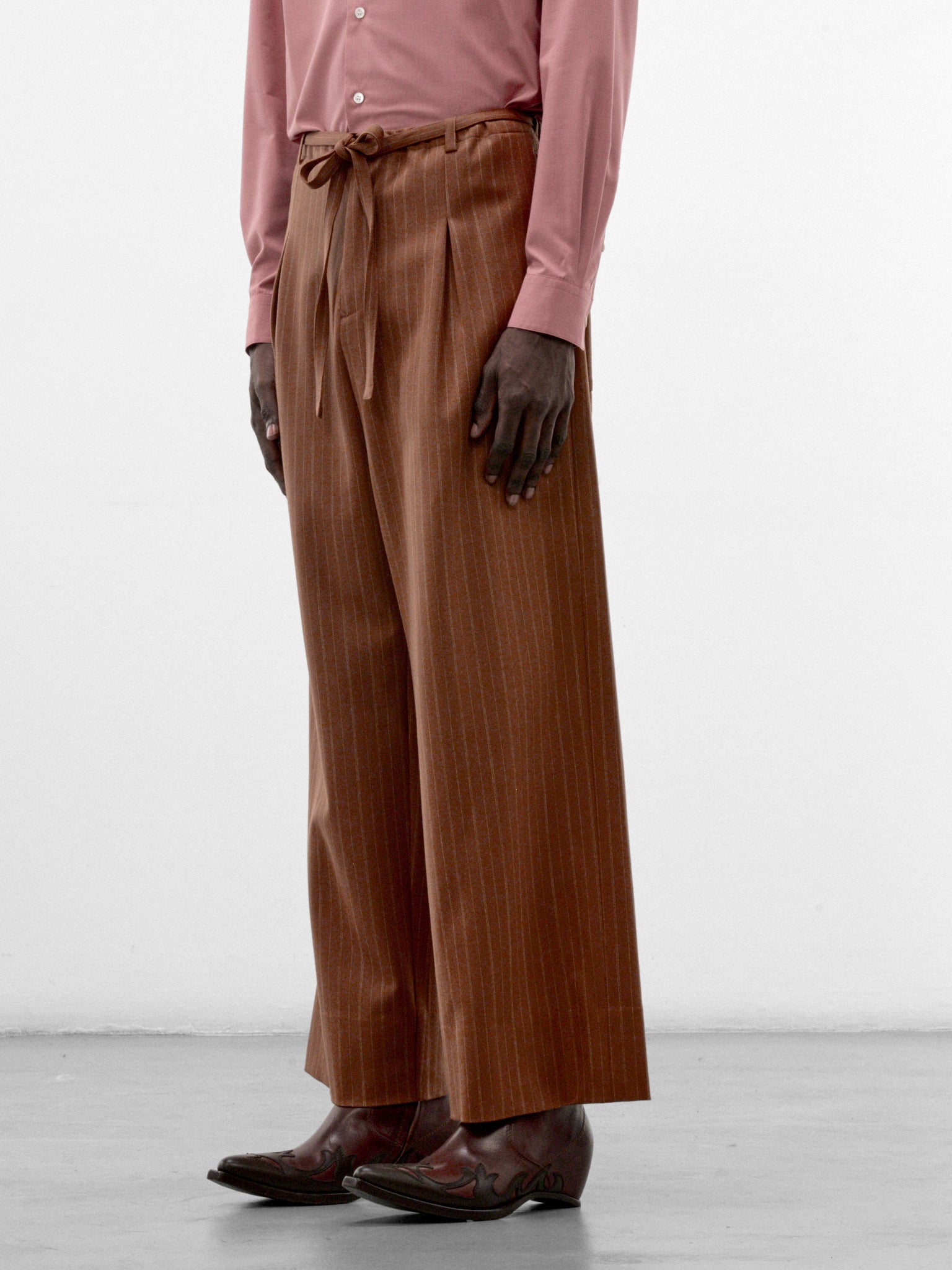 Brown Wool Pinstripe Judo Trousers (S26AW17PT-VW-BROWN)