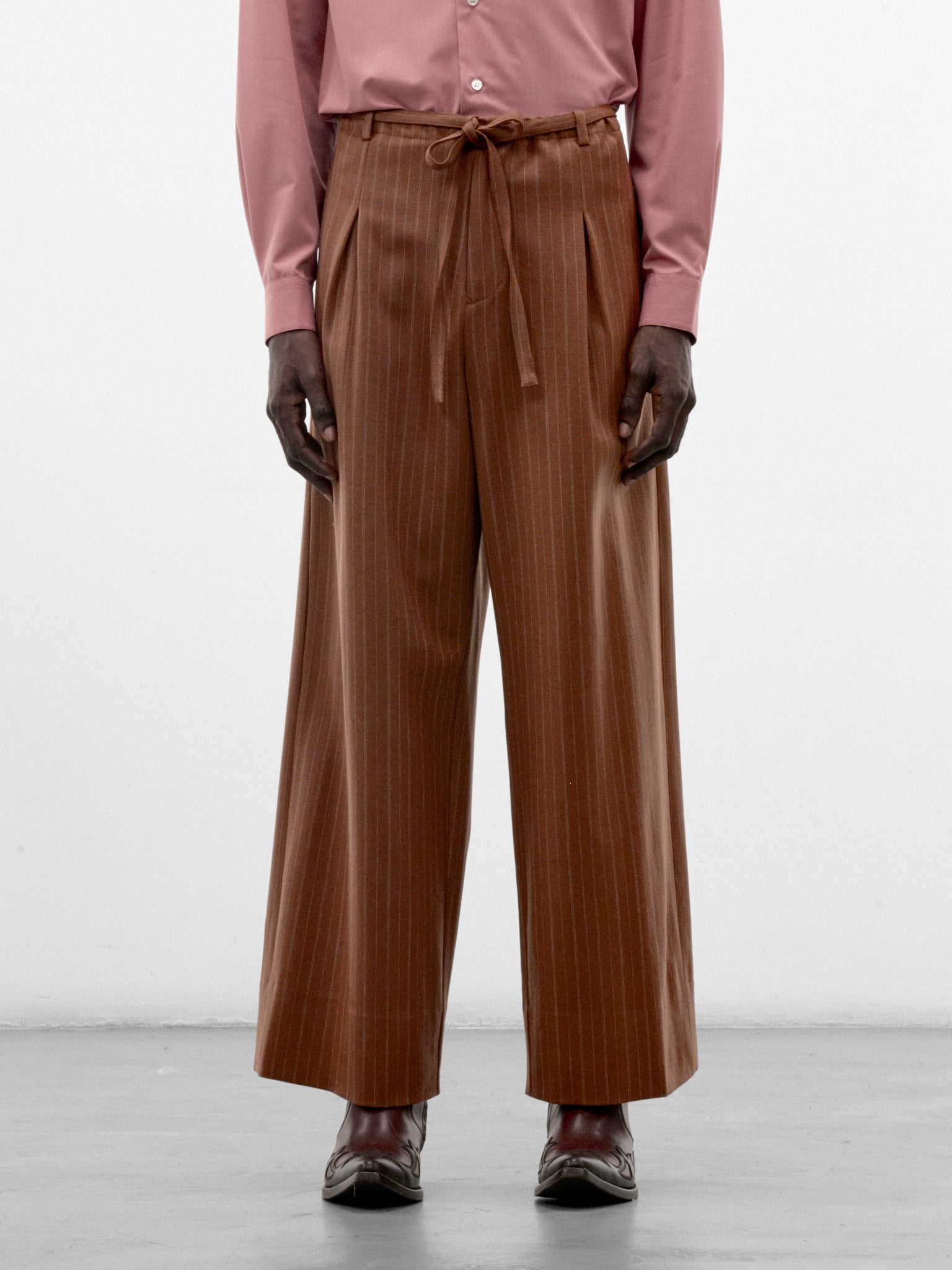 Brown Wool Pinstripe Judo Trousers (S26AW17PT-VW-BROWN)