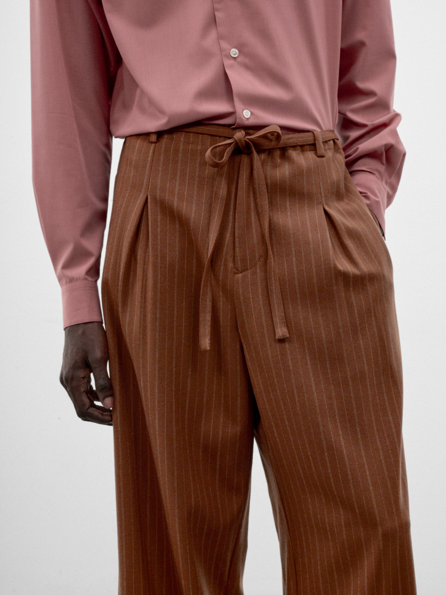 Brown Wool Pinstripe Judo Trousers (S26AW17PT-VW-BROWN)