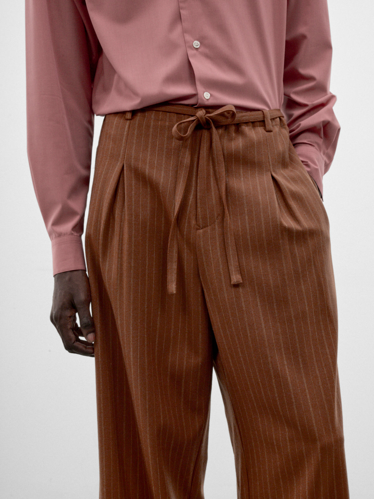 Brown Wool Pinstripe Judo Trousers (S26AW17PT-VW-BROWN)