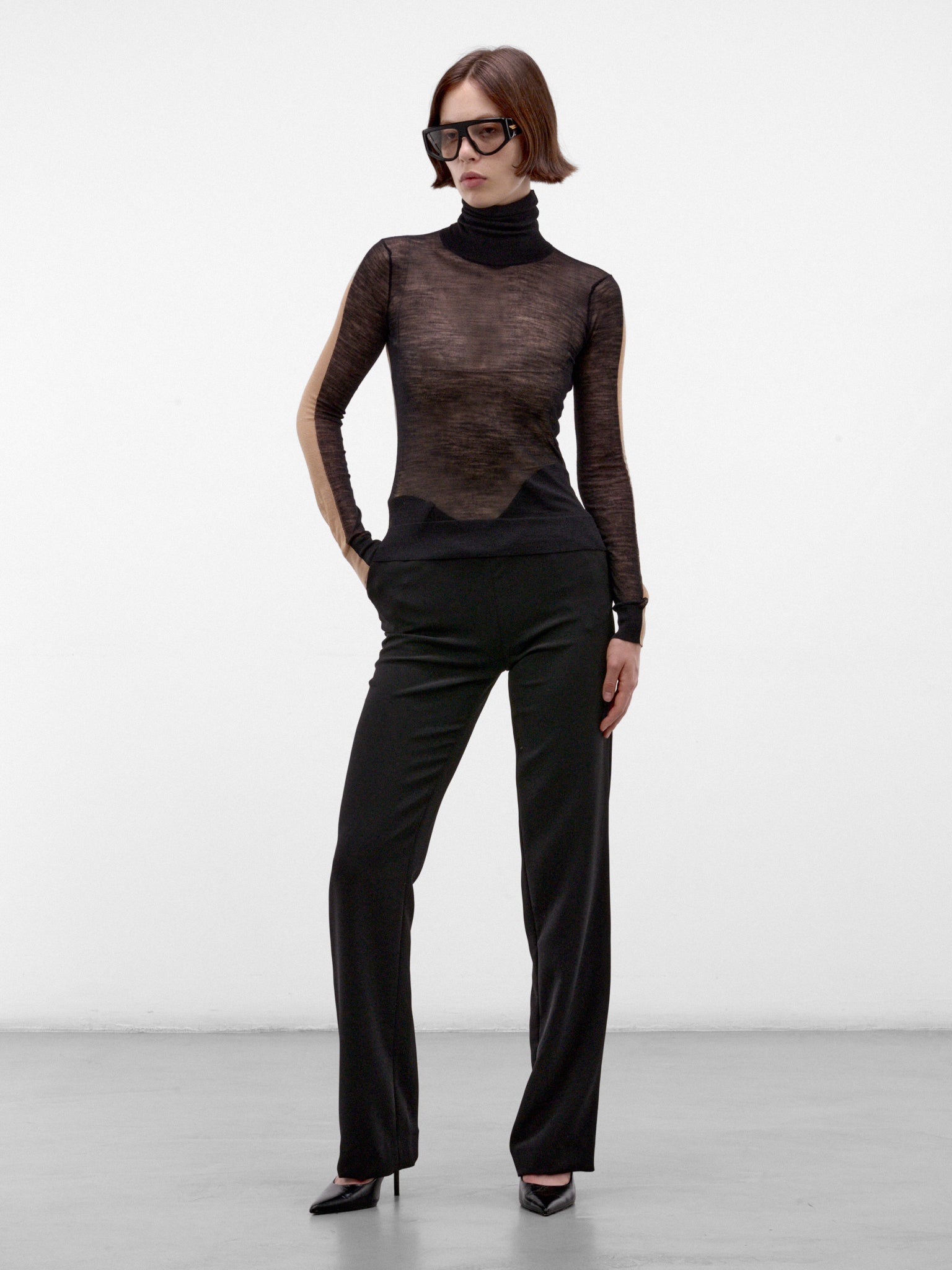 Paneled Wool-Cashmere Sheer Turtleneck (S62HA0111-M13352-BEIGE)
