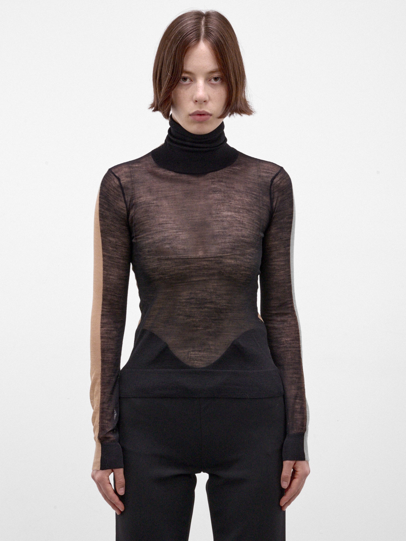 Paneled Wool-Cashmere Sheer Turtleneck (S62HA0111-M13352-BEIGE)