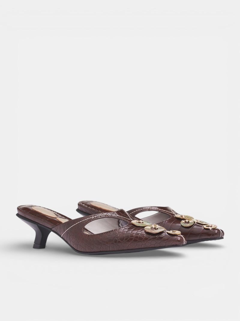 Chestnut Croc-Embossed Heeled Mules (S26SH01CH-CHESTNUT)