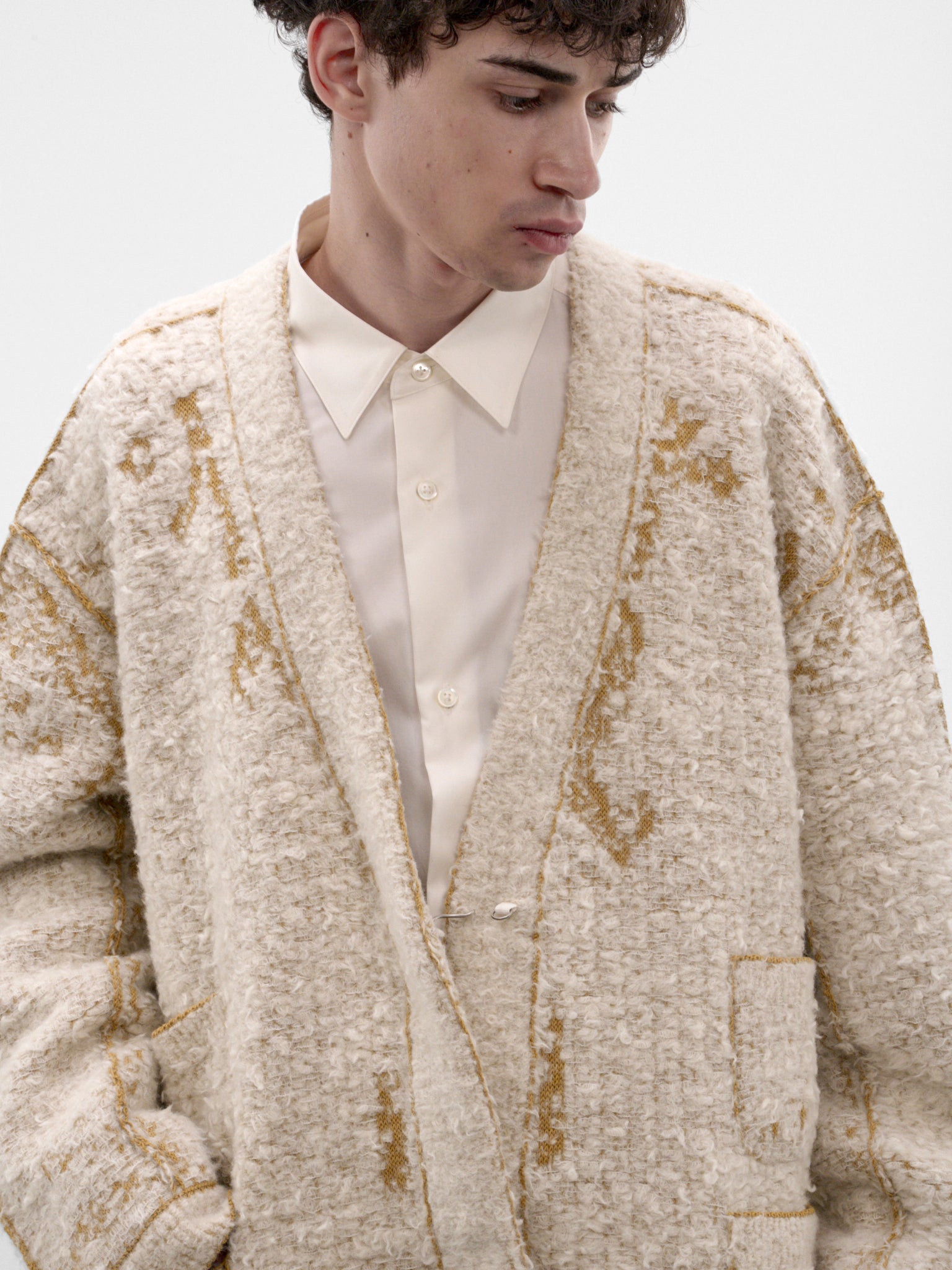 Ecru Patterned Knit Cardigan (S29HP0048-M13332-ECRU-MUSTARD)
