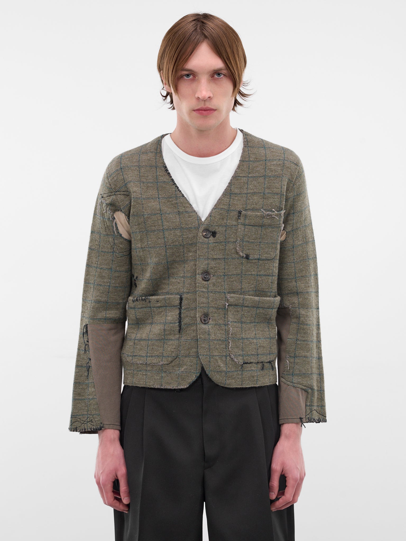 Deconstructed Patchwork Check Wool Cardigan (S50HP0033-M13146-613J-GREEN)