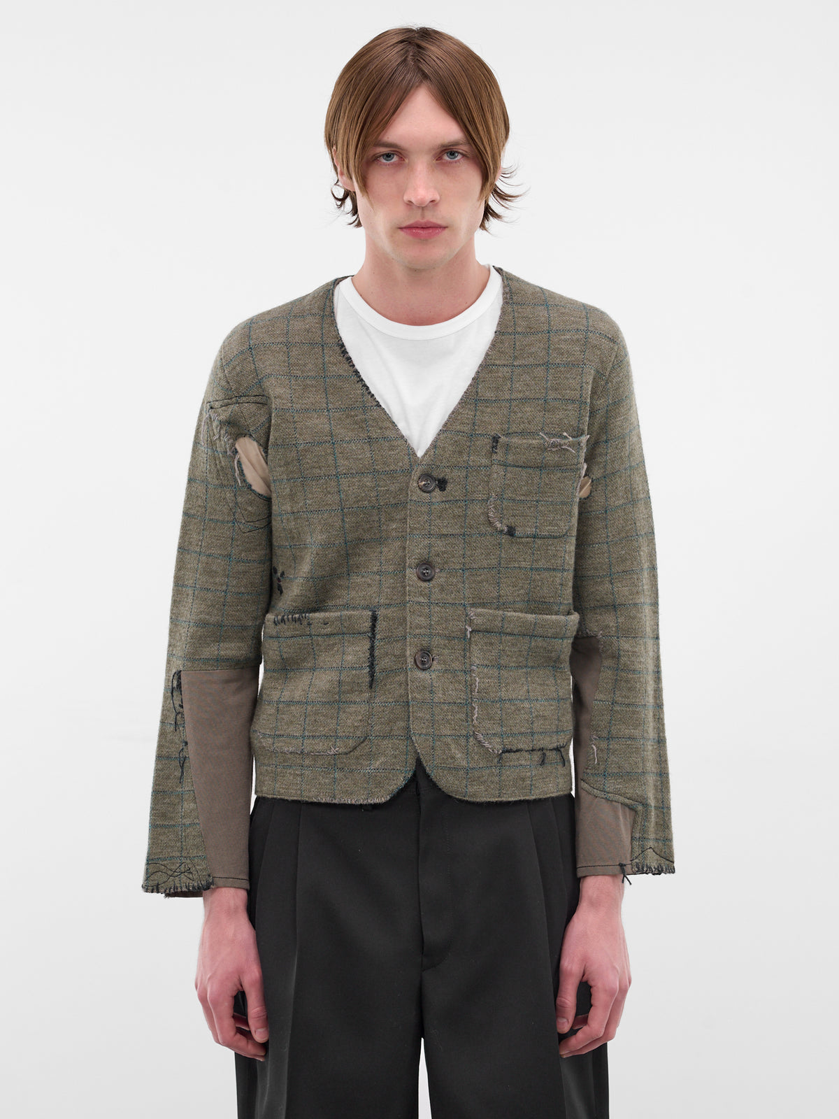 Deconstructed Patchwork Check Wool Cardigan (S50HP0033-M13146-613J-GREEN)
