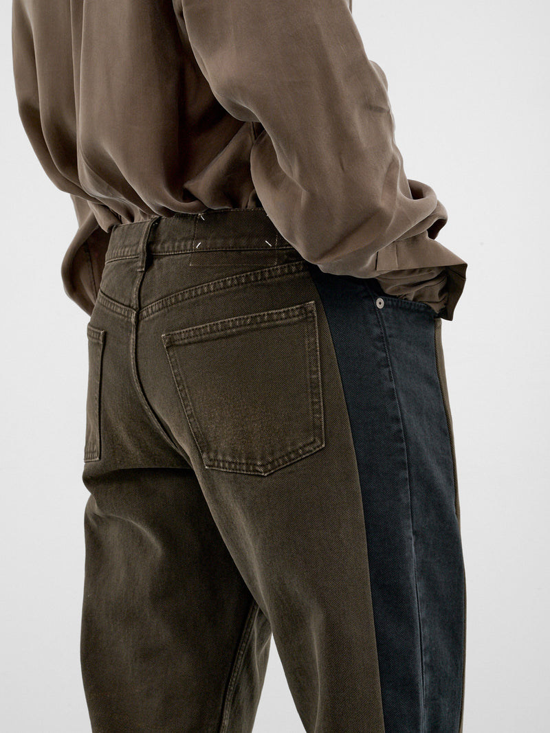 Two-Tone Denim Deconstructed Straight Jeans (S50LA0251-M30072-BLACK-BROWN)
