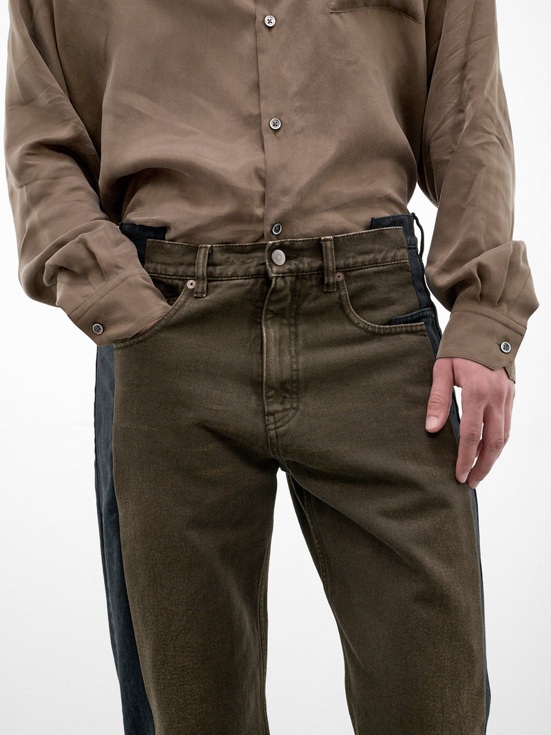 Two-Tone Denim Deconstructed Straight Jeans (S50LA0251-M30072-BLACK-BROWN)