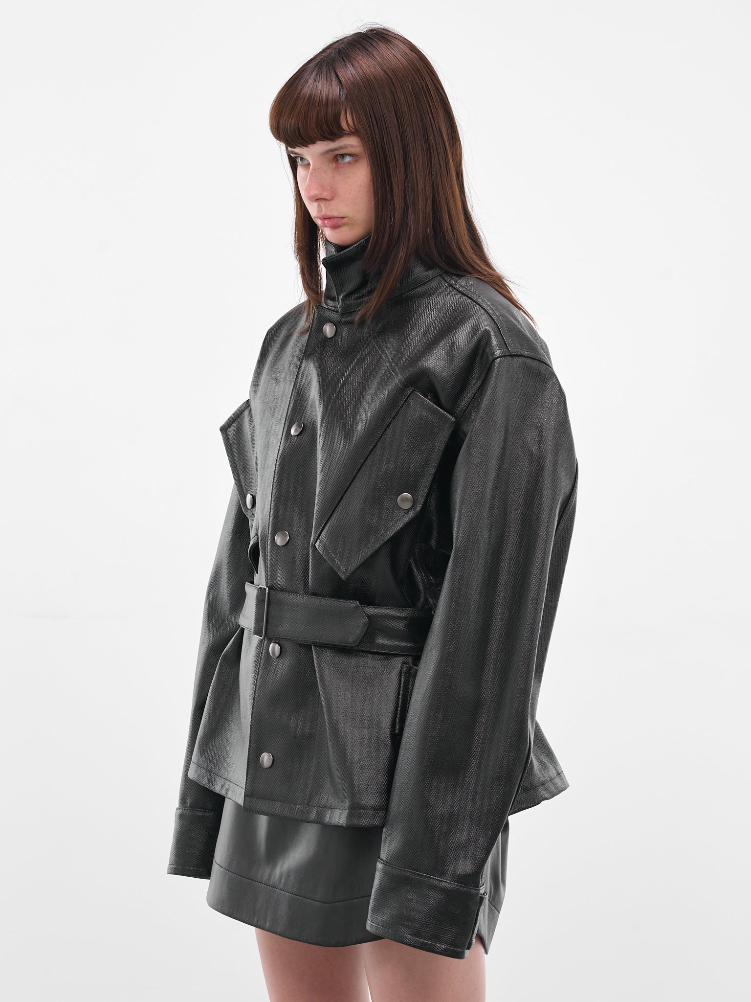 Black Laminated Cotton Belted Jacket (S51AM0504-M35599-900-BLACK)