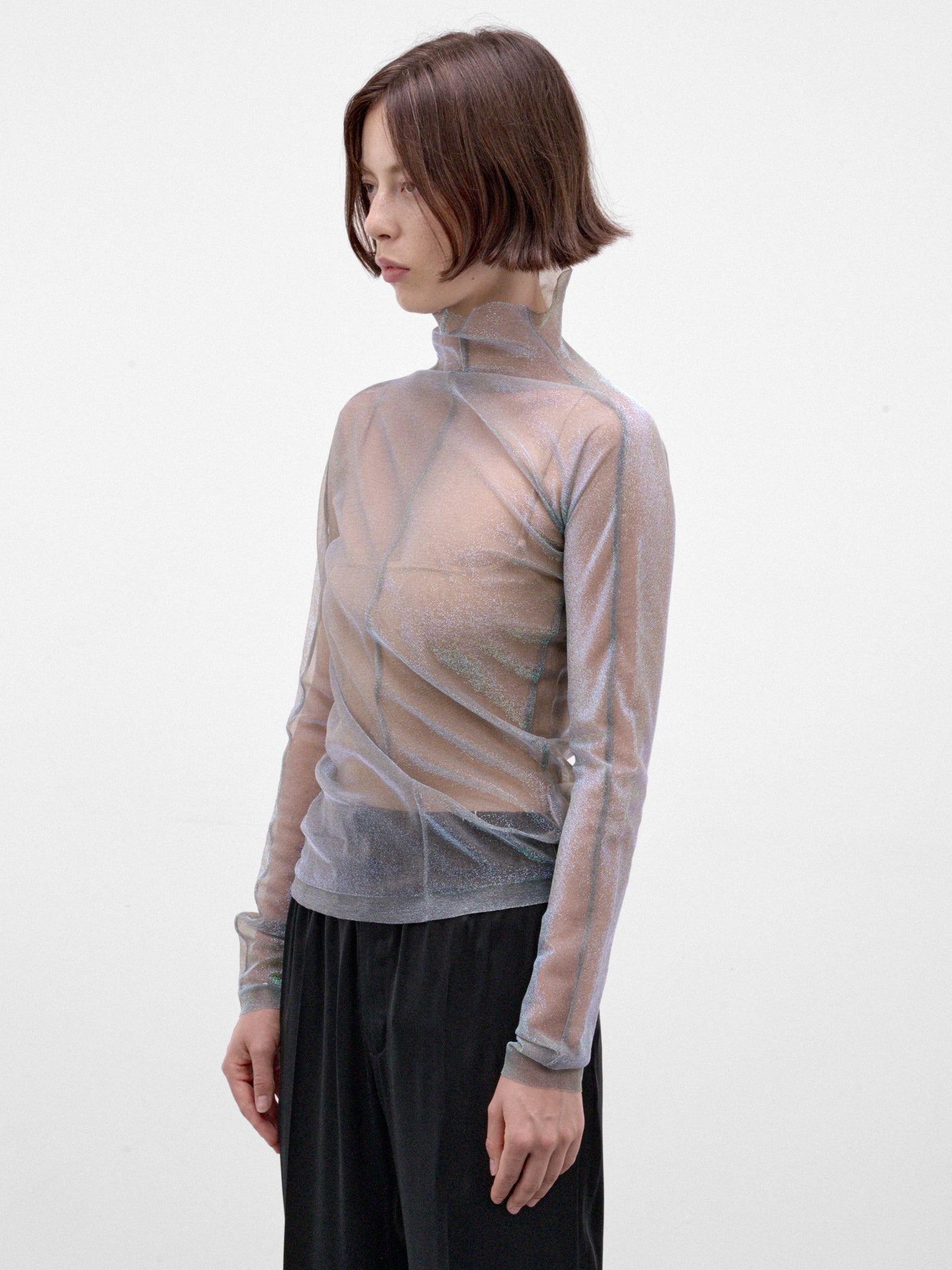 Sheer Shimmer Knit Asymmetric Turtleneck (S51HL0048-M13299-001F-MULTI)