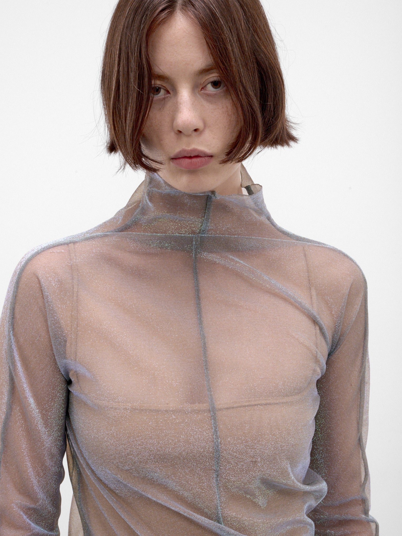 Sheer Shimmer Knit Asymmetric Turtleneck (S51HL0048-M13299-001F-MULTI)