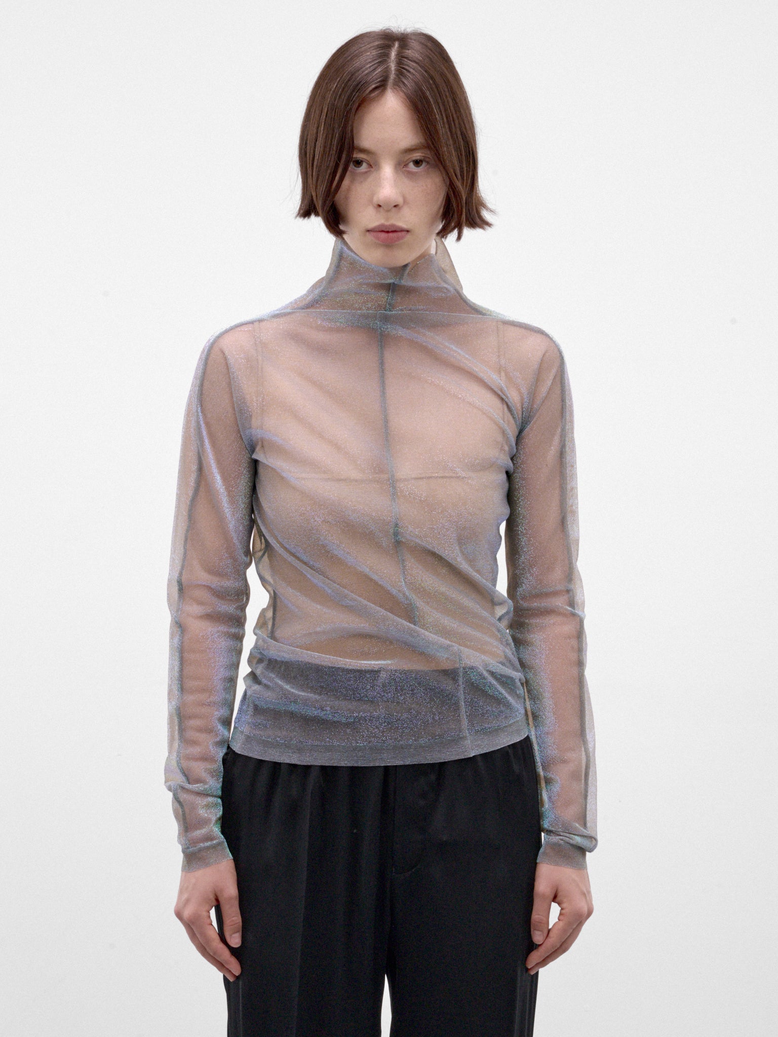 Sheer Shimmer Knit Asymmetric Turtleneck (S51HL0048-M13299-001F-MULTI)