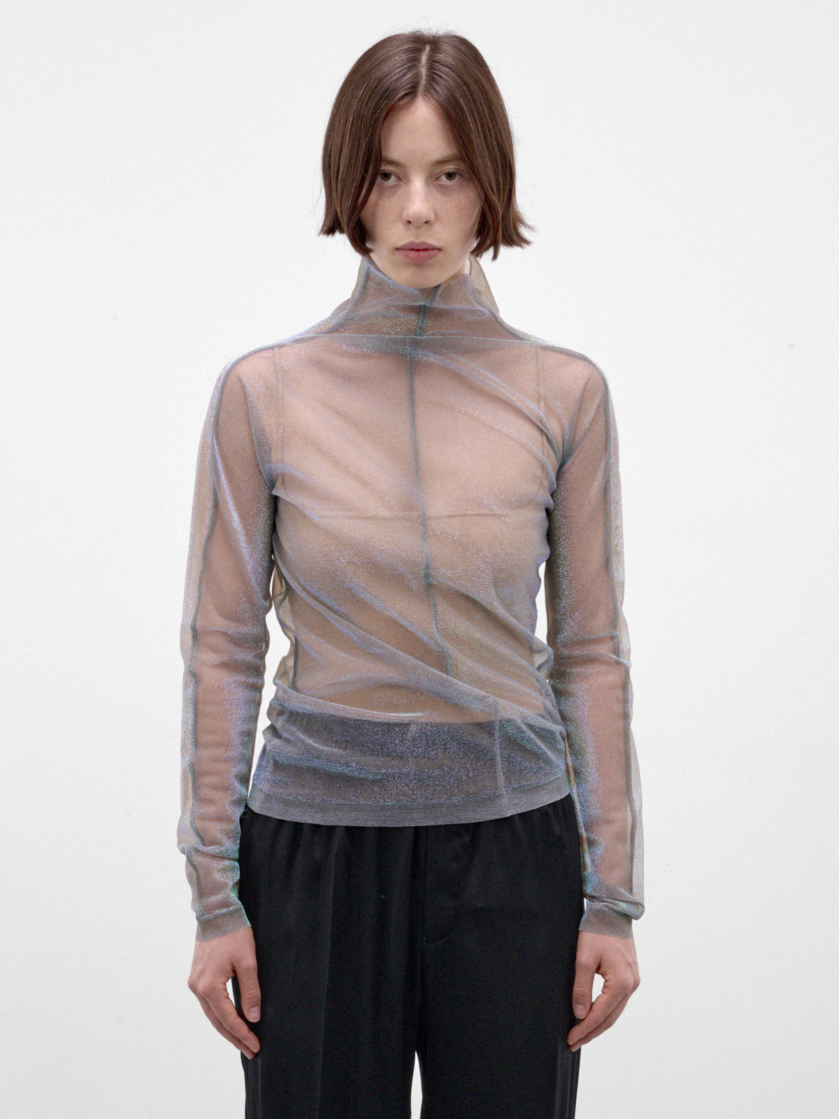 Sheer Shimmer Knit Asymmetric Turtleneck (S51HL0048-M13299-001F-MULTI)