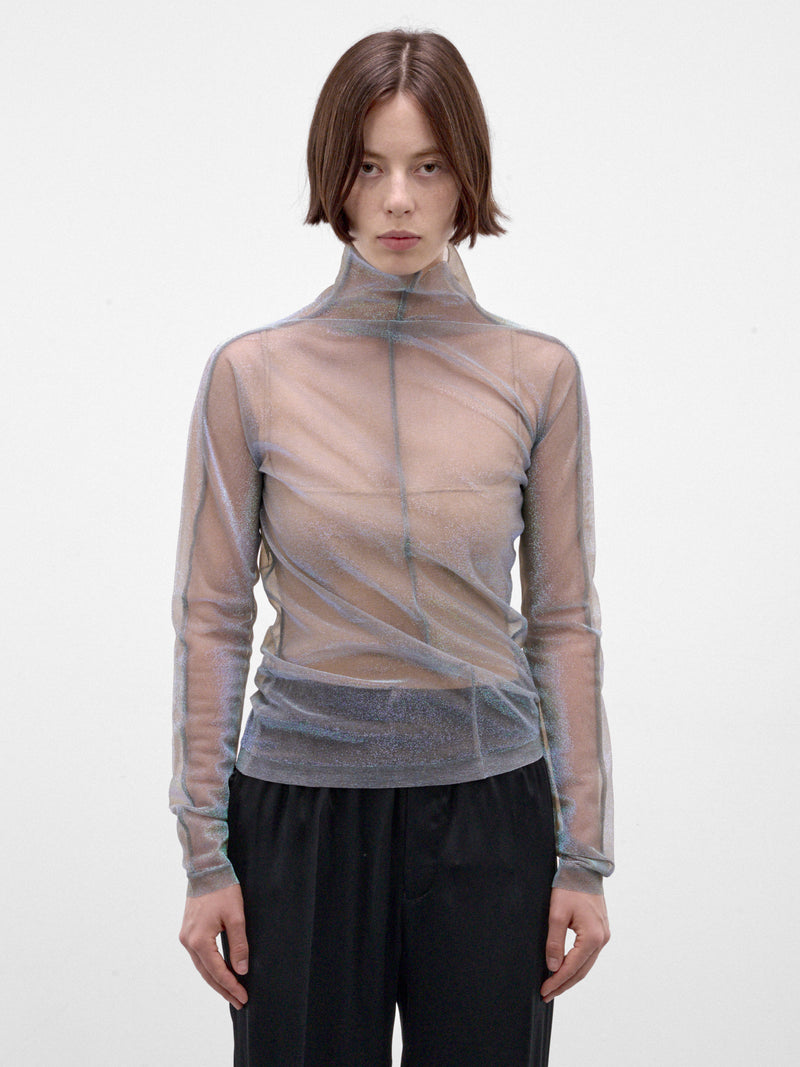 Sheer Shimmer Knit Asymmetric Turtleneck (S51HL0048-M13299-001F-MULTI)