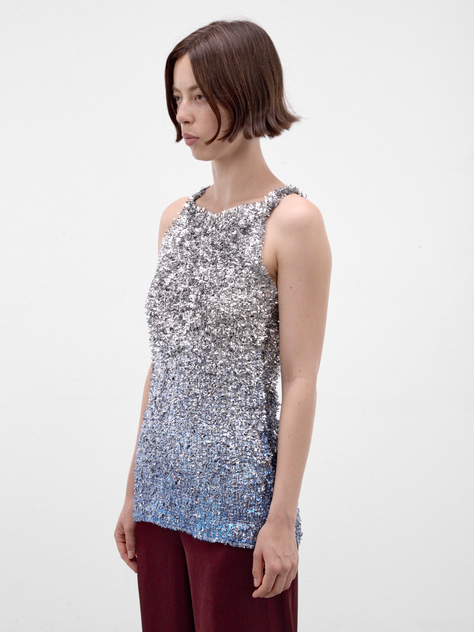 Silver Foil Knit Tank Top (S51NL0063-M13311-001S-SILVER-M)