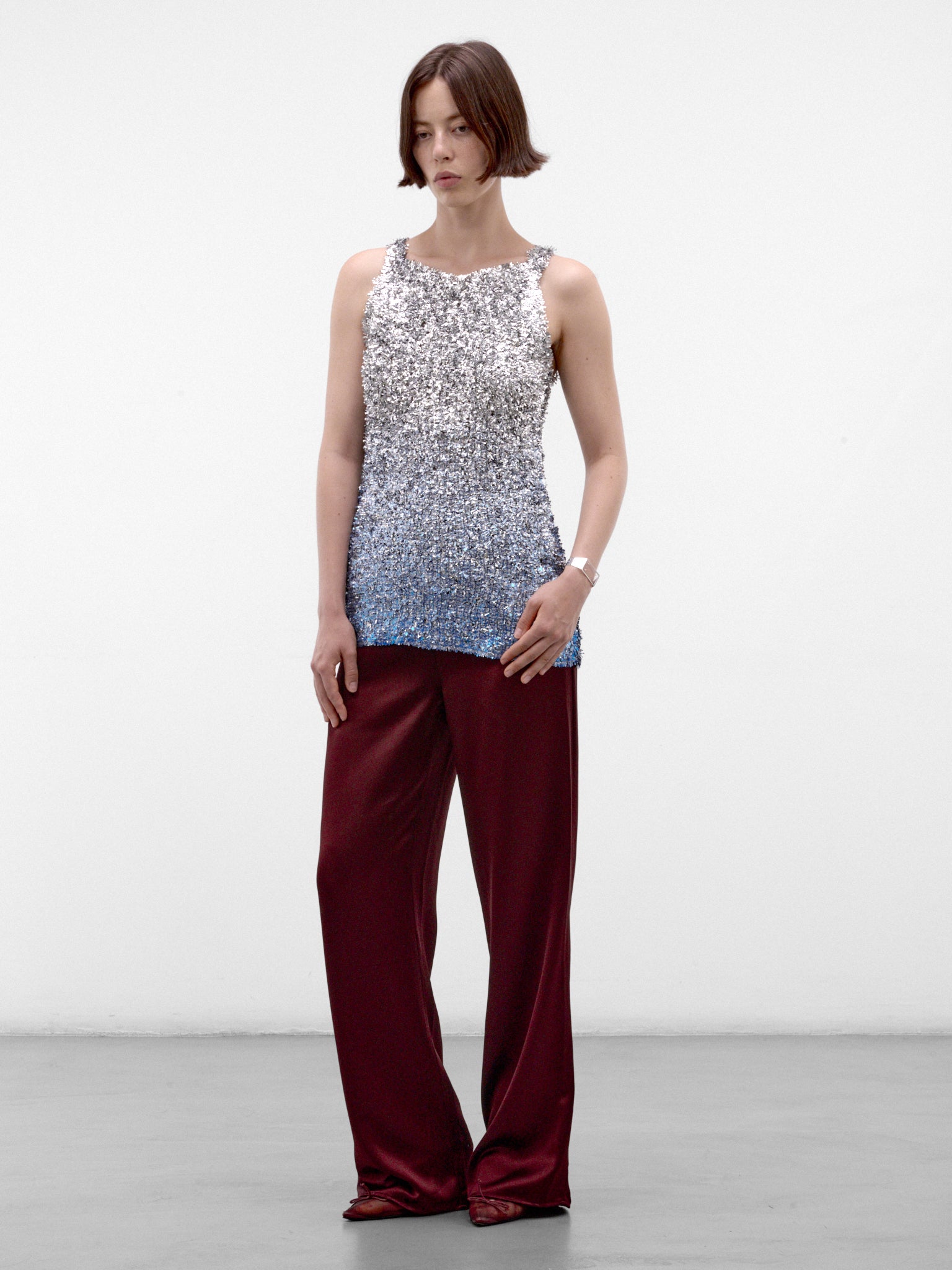 Silver Foil Knit Tank Top (S51NL0063-M13311-001S-SILVER-M)