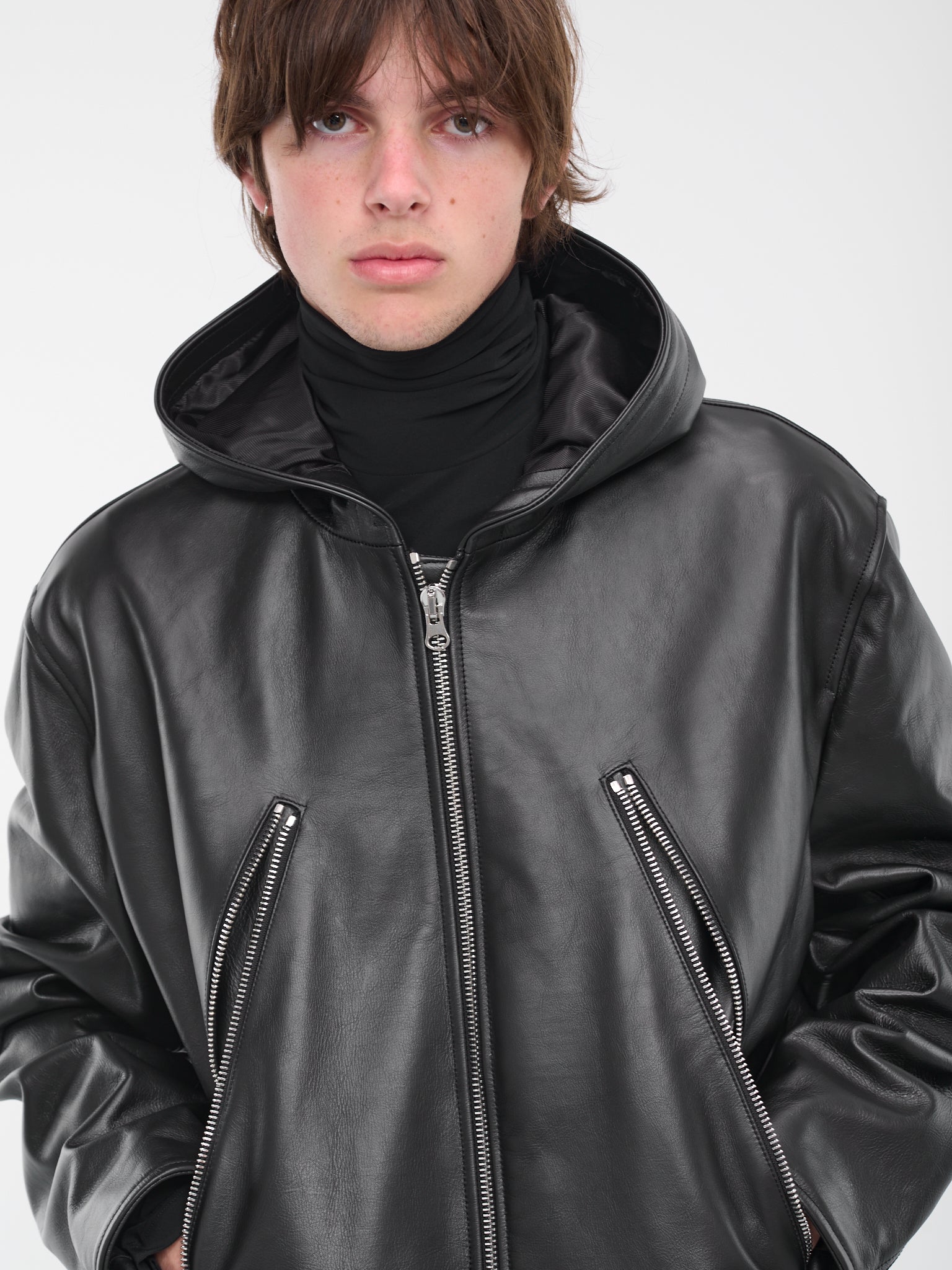 Hooded Leather Jacket (S52AM0253-SY1548-900-BLACK)