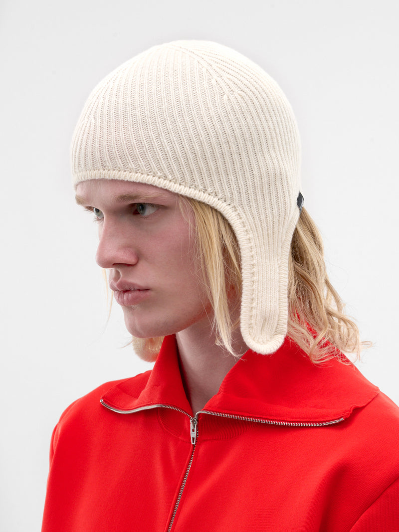 White Knit Ear Flap Beanie (S52TB0015-M13293-102-OFF-WHITE)