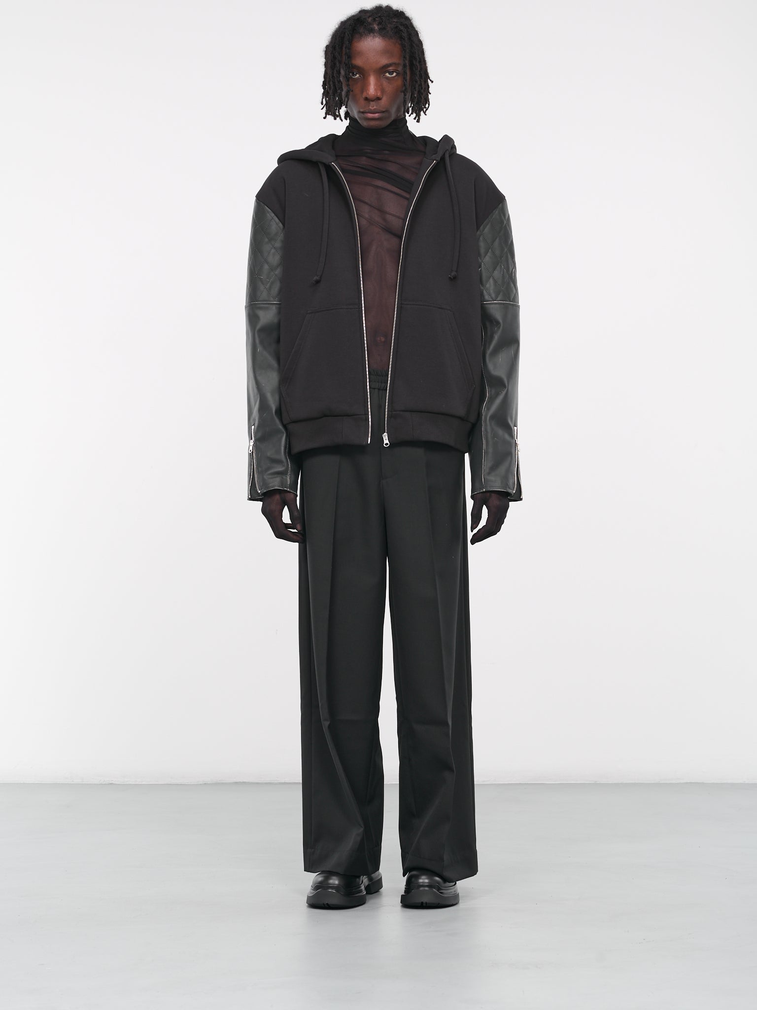 Faux Leather Sleeve Hoodie (S62AN0112-S25596-BLACK)