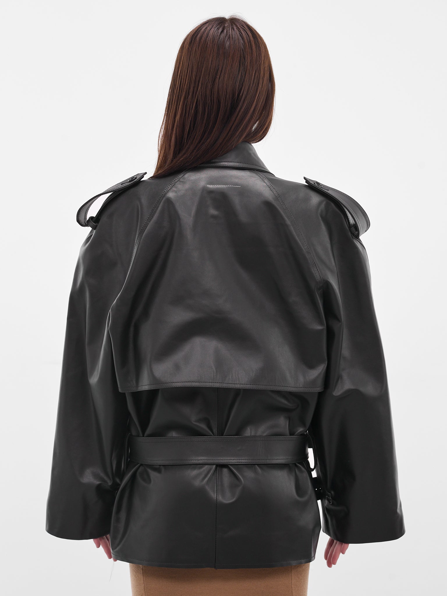 Black Leather Cropped Trench Jacket (S62AN0164-M07005-900-BLACK)