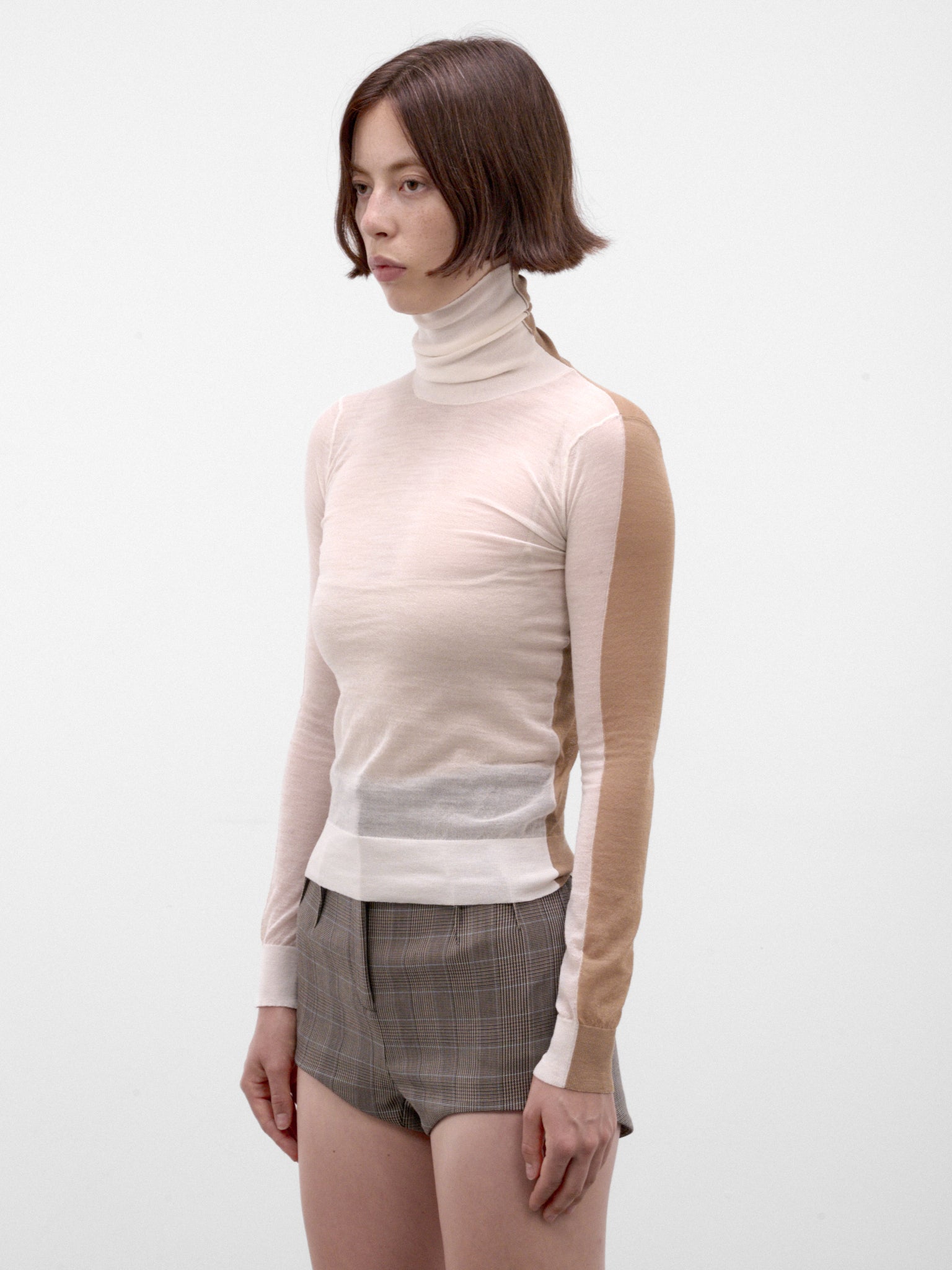 Paneled Wool-Cashmere Sheer Turtleneck (S62HA0111-M13352-OFF-WHITE)