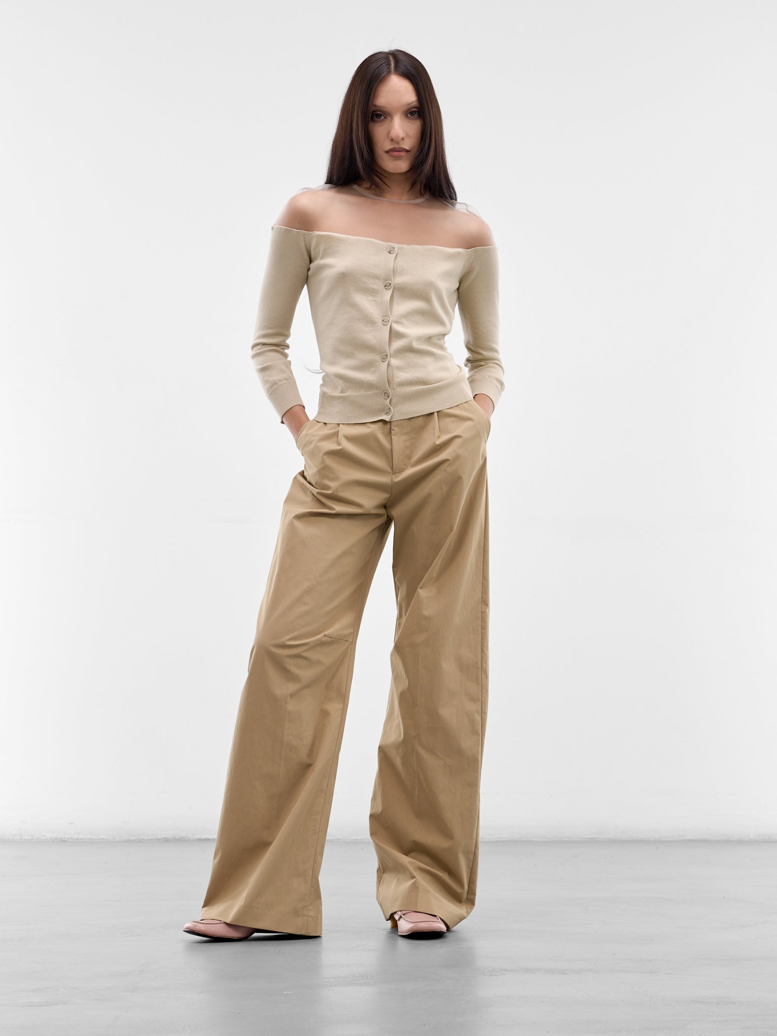 Beige Cotton Trench Wide Trousers (S62KB0265-M35858-115-BEIGE)