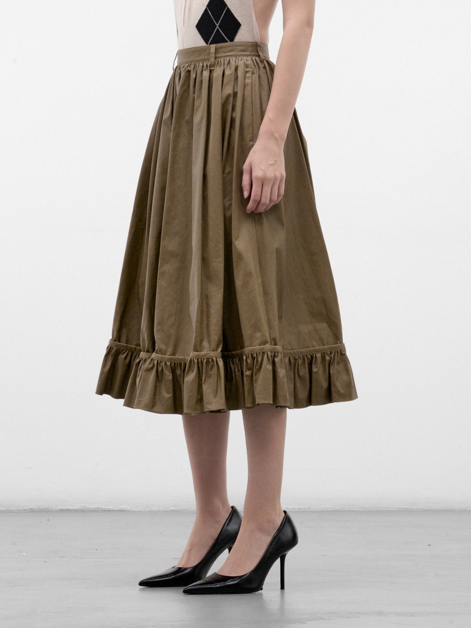 Green Cotton Ruffled Midi Skirt (S62MA0104-M36001-MUD-GREEN)