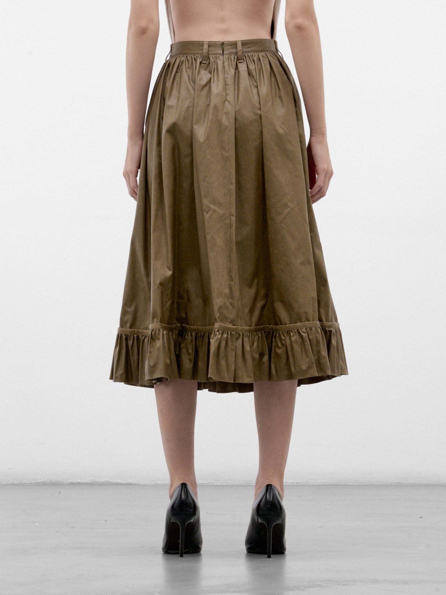 Green Cotton Ruffled Midi Skirt (S62MA0104-M36001-MUD-GREEN)