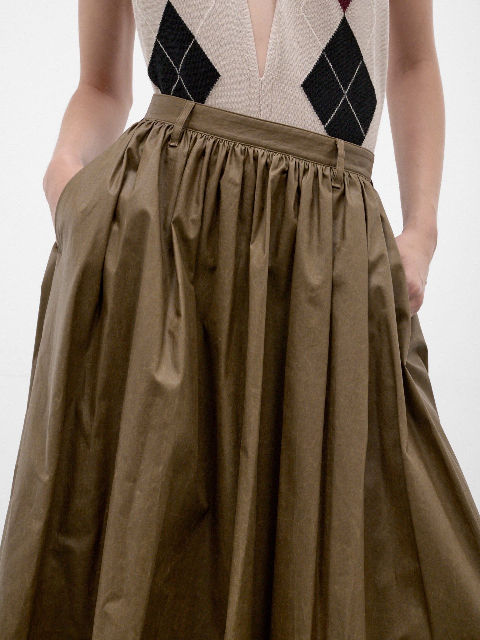Green Cotton Ruffled Midi Skirt (S62MA0104-M36001-MUD-GREEN)