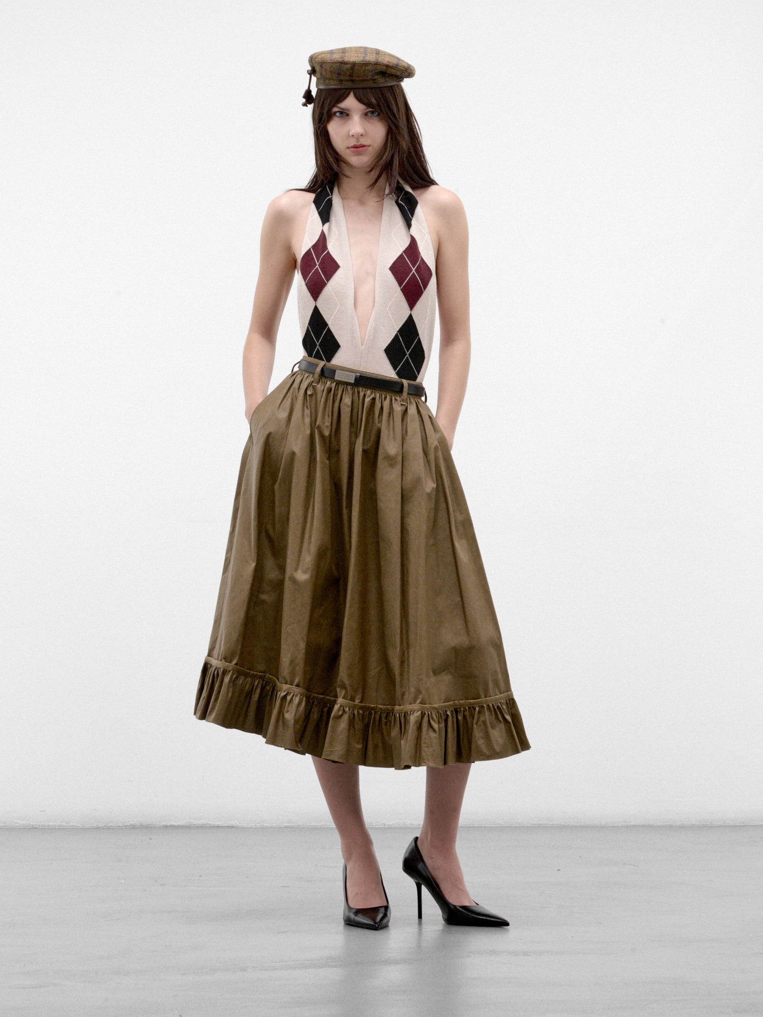Green Cotton Ruffled Midi Skirt (S62MA0104-M36001-MUD-GREEN)