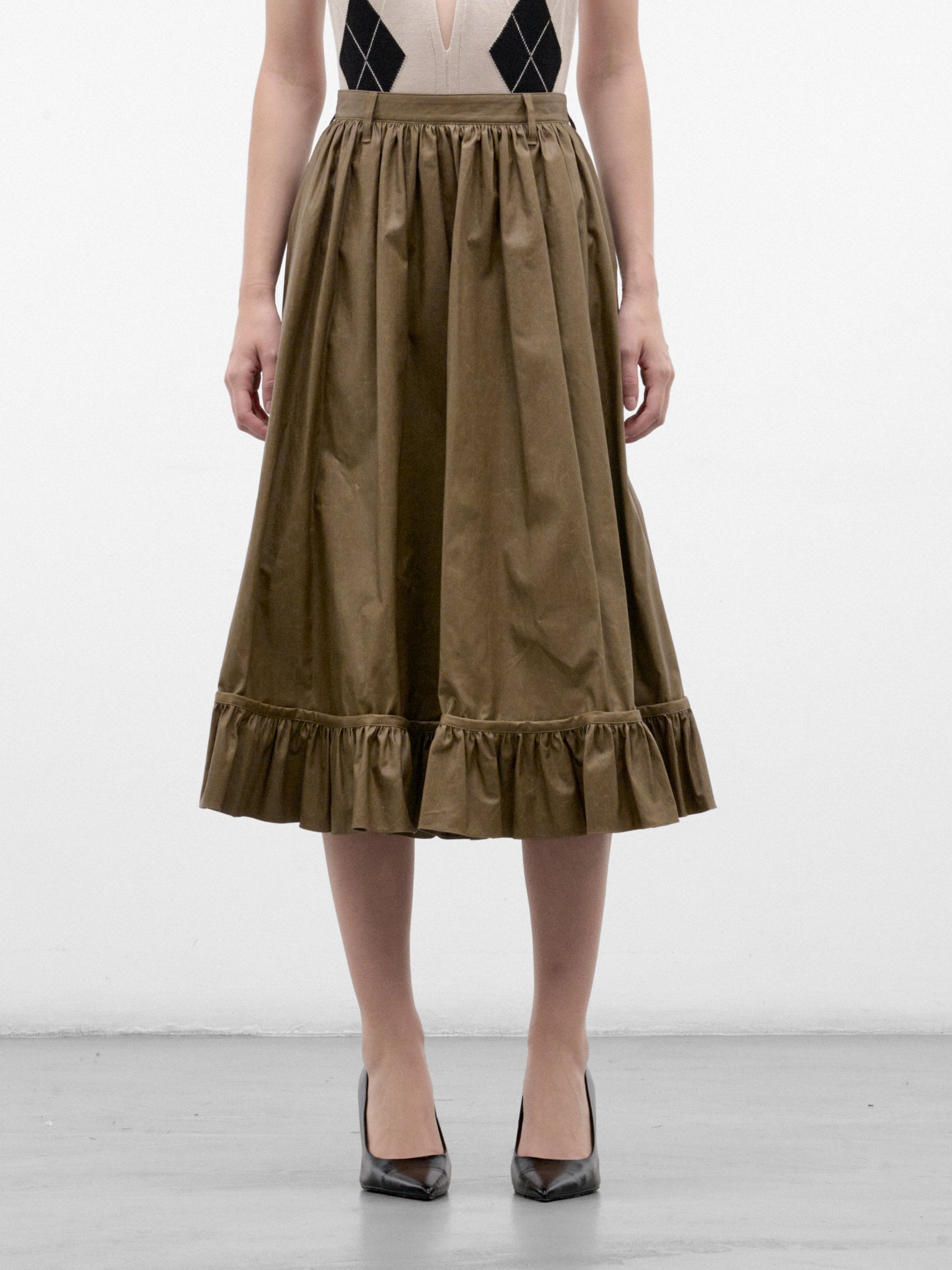 Green Cotton Ruffled Midi Skirt (S62MA0104-M36001-MUD-GREEN)