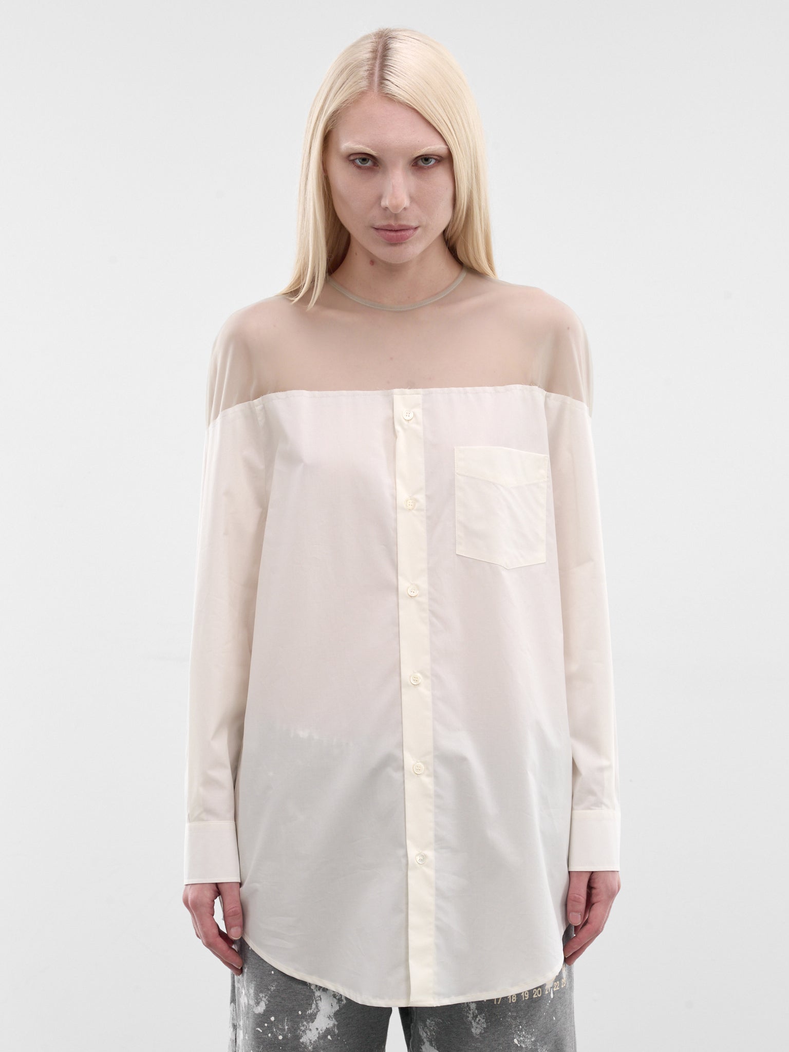White Sheer Panel Buttoned Shirt (S62NH0053-M35256-101-WHITE)