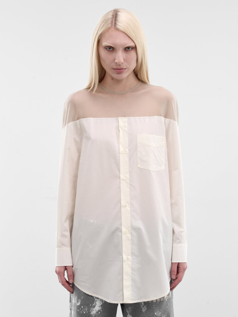 White Sheer Panel Buttoned Shirt (S62NH0053-M35256-101-WHITE)
