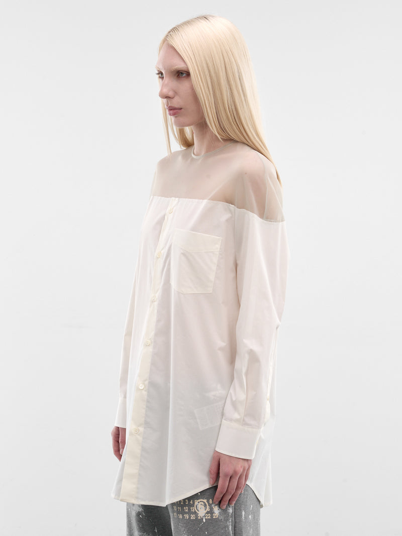 White Sheer Panel Buttoned Shirt (S62NH0053-M35256-101-WHITE)