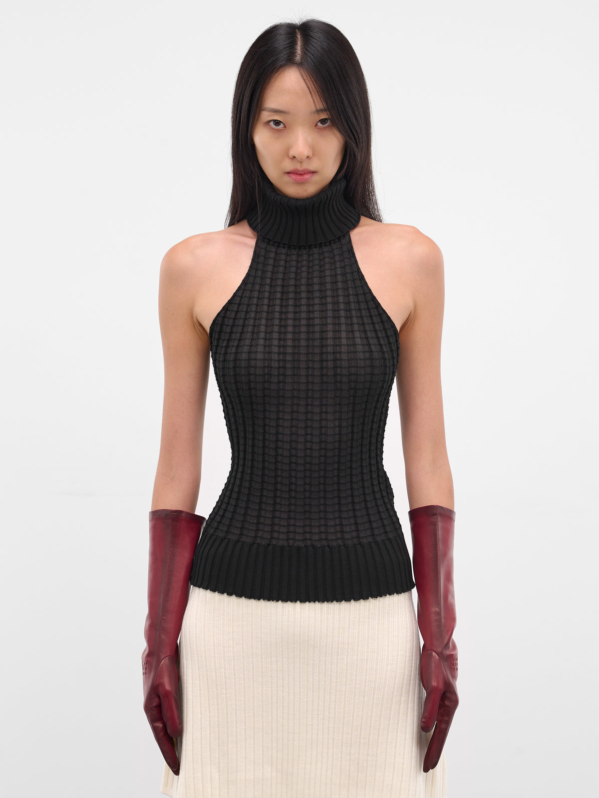 Red Glazed Lambskin Mid-Length Gloves (S62TS0080-M07014-248-RED)