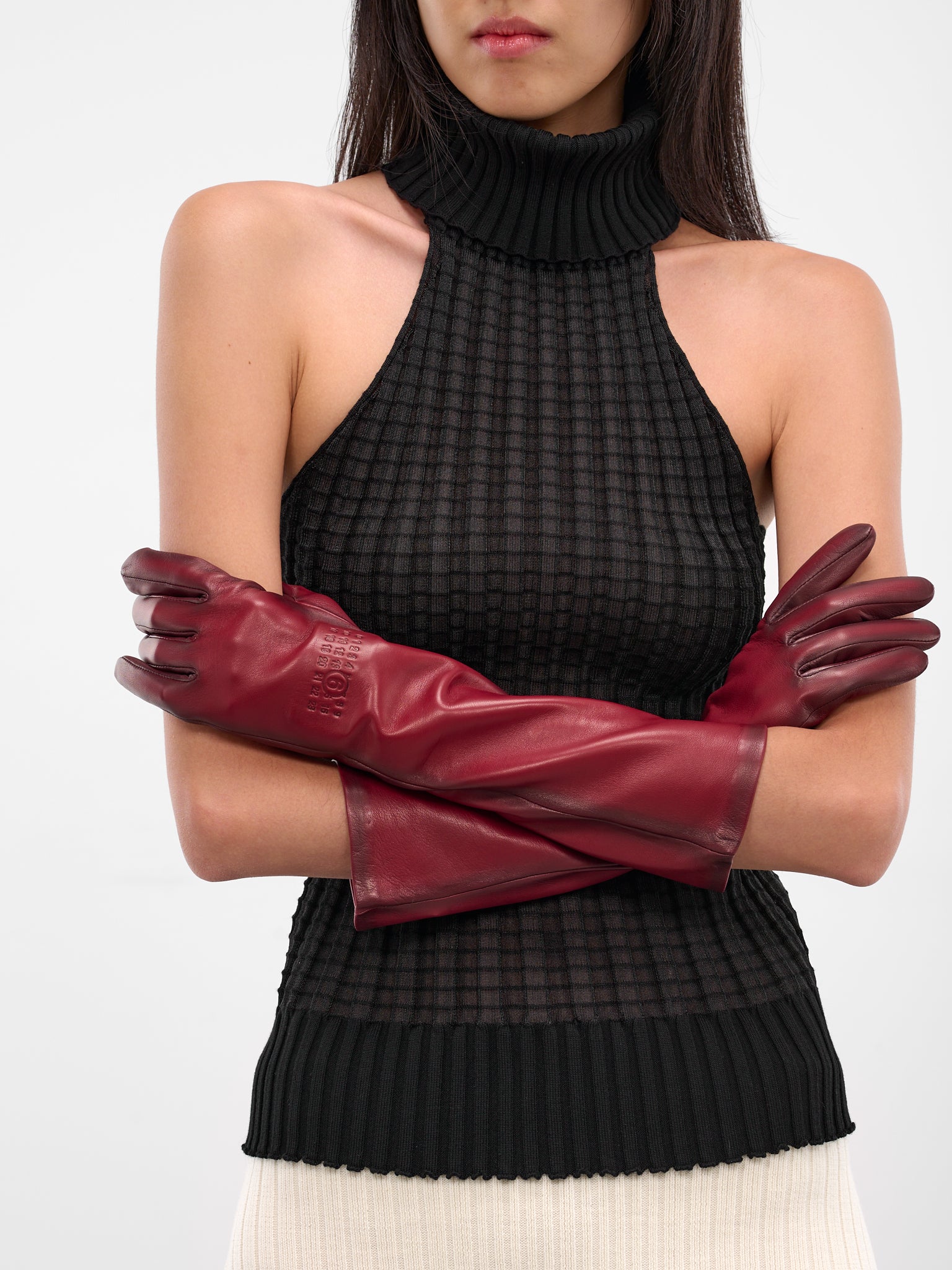 Red Glazed Lambskin Mid-Length Gloves (S62TS0080-M07014-248-RED)
