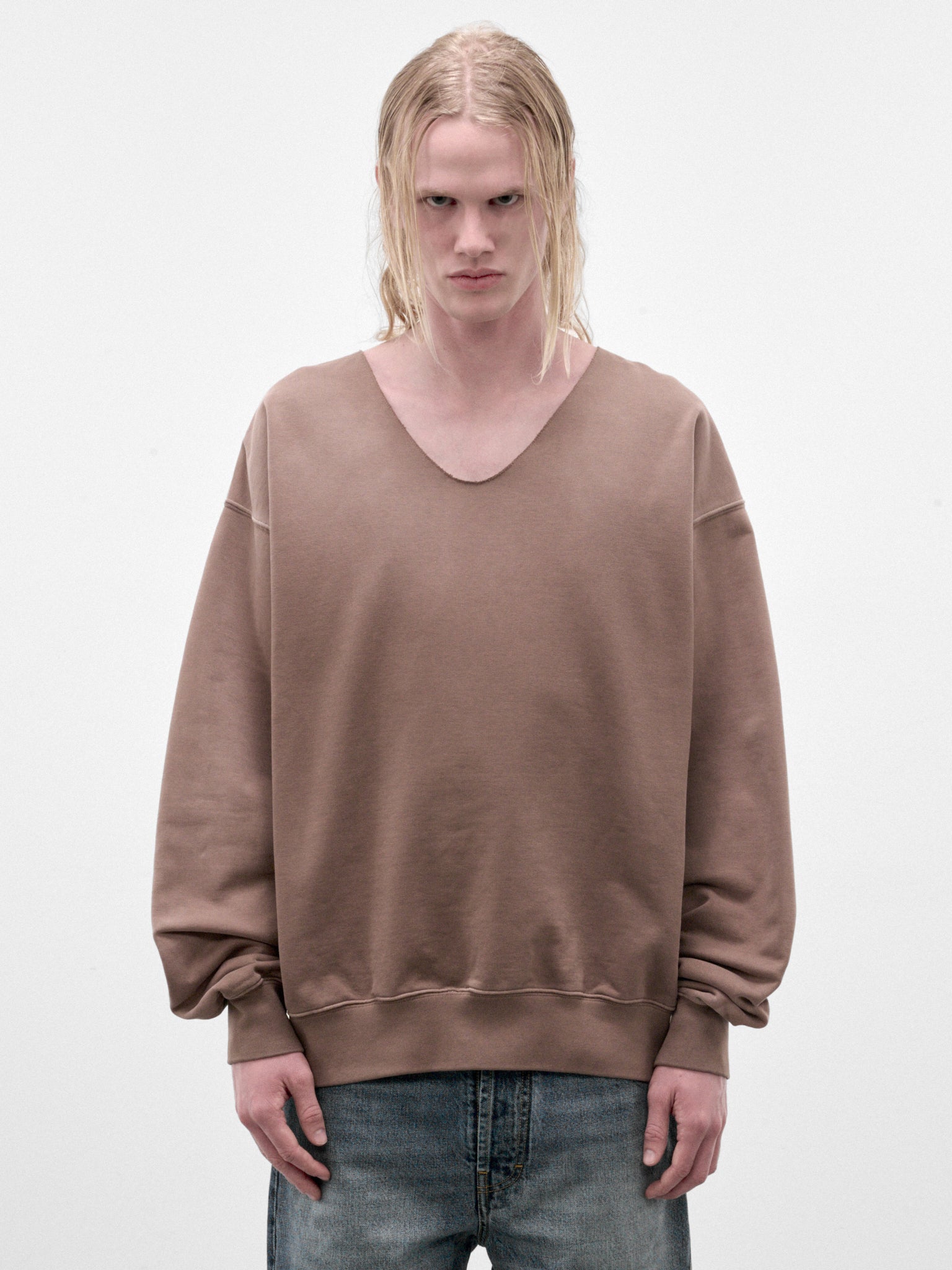 Brown Cotton V-Neck Sweatshirt (S67GU0040-S25520-140-BROWN)