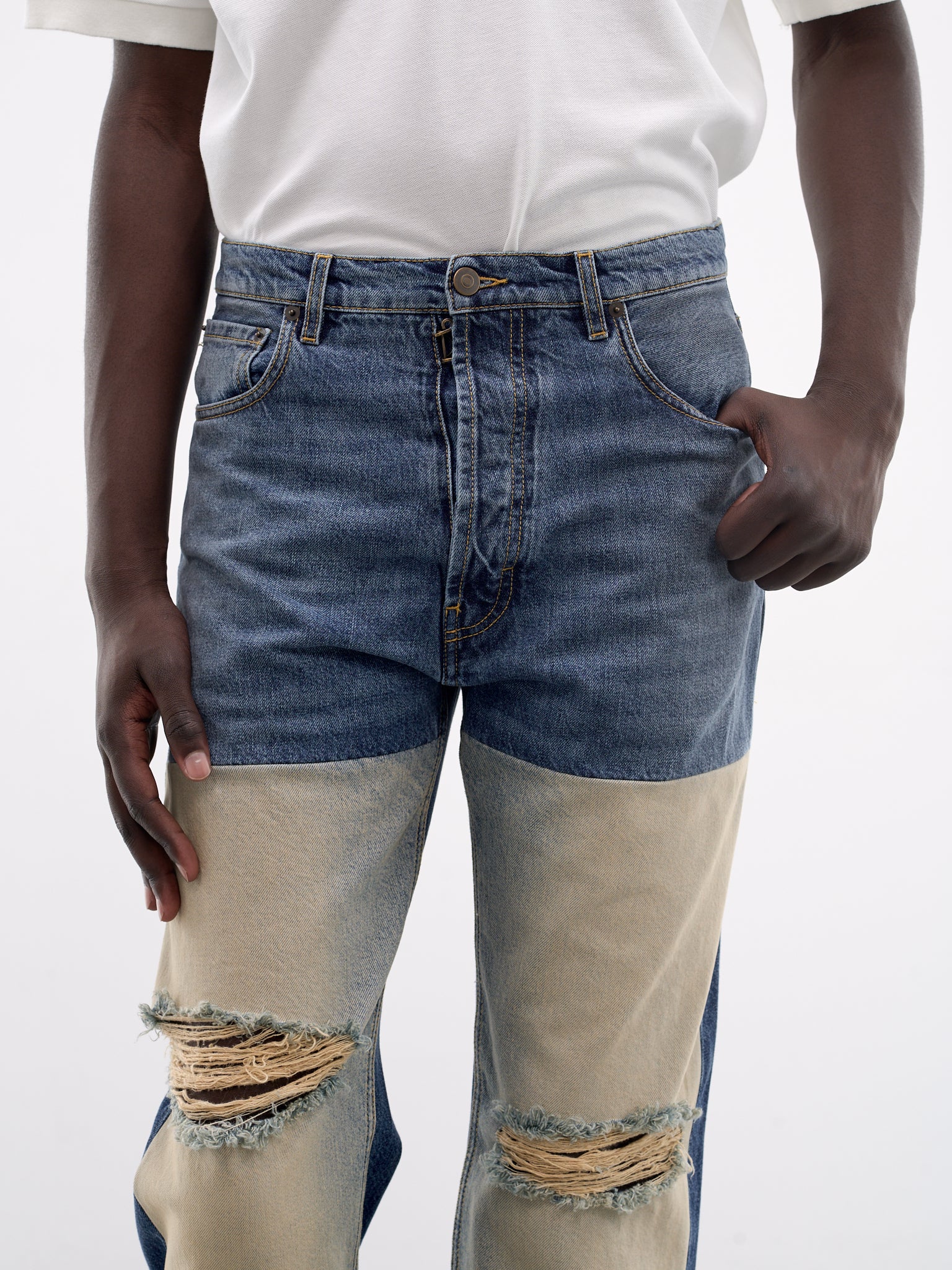 Blue Distressed Contrast Panel Jeans (S67LA0047-M30066-961-DENIM-BLU)