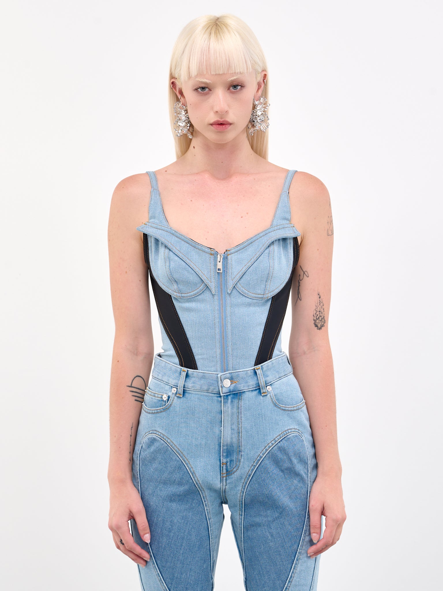 MUGLER Corset Denim Bodysuit | H.Lorenzo - front